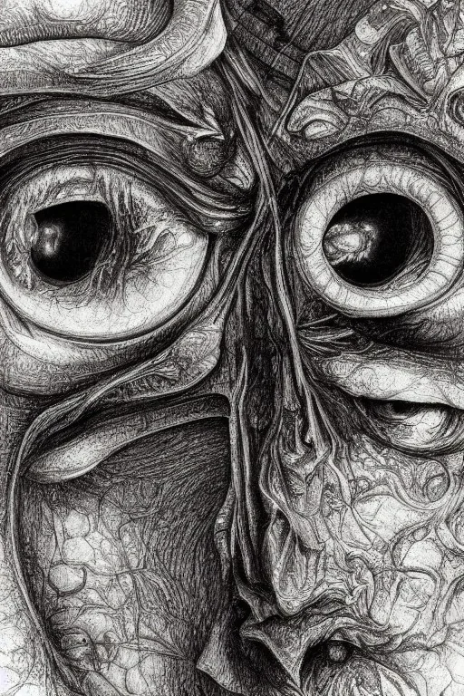 Extreme close-up, hyperdetailed photorealistic charcoal and ink mixed media drawing of a pair of eyes, vignette, tessellation fractal black and white, migraine migraineur pain, horror, stygian, gouache Jan Van Eyck John Stephens James McCarthy