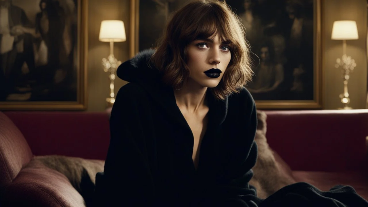 [Legend (1985)] Alexa Chung's Modern Shag as Dahlia Death, she is a pale brunette with black lipstick clad in a dark agent provocateur dress with a hoodie and a scythe. She sits on a sofa in a dark mansion