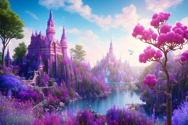 luminous pink castle, on the mountain, sun,swanns,waterfall, BLUE LAKE, SWANNs,blue bugainvillier flowers, jacaranda violet trees, sky pink blue, full of details, smooth, bright sunshine，soft light atmosphere, light effect，vaporwave colorful, concept art, smooth, extremely sharp detail, finely tuned detail, ultra high definition, 8 k, unreal engine 5, ultra sharp focus