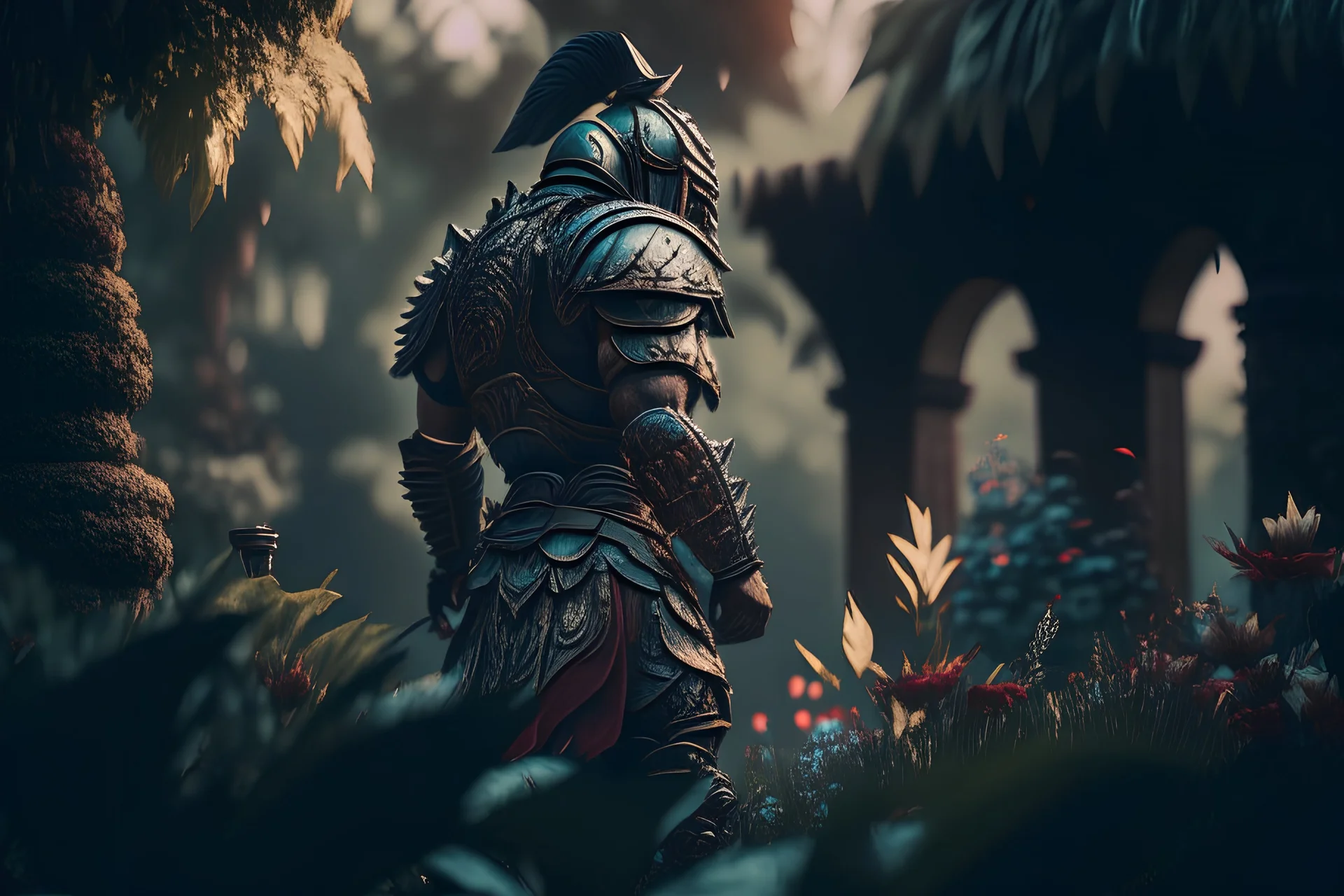 A stylized warrior in a garden, cinematic pose, low angle shot, hyperdetailed, HD, 8k, gloomy ambiance