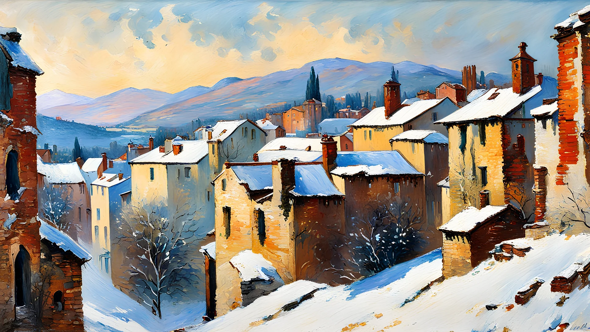 painting of a medieval Italian village landscape in winter, smoke rising from chimneys and icicles hang from the eaves, in the impressionist style of Childe Hassam, mixed with art nouveau, and abstract impressionism, precise and sharply defined brickwork and stone edges, in vibrant natural colors