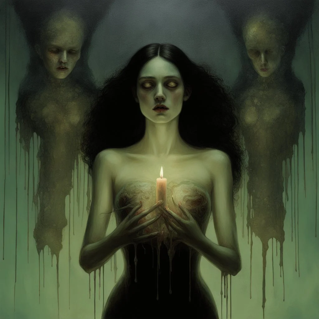 Cinematic portrait of a woman with a votive wax torso melting, cosmichorror, ooze drips, encaustic, necromancy, spotlit, bright tones, detailed, very detailed face, art by franz stuck, art by sungmoo heo, art by grace aldrich, art by tom bagshaw, art by natalie shau,