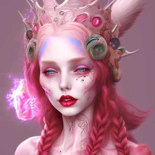 Beautiful pink witch made of fire with red eyes. Long curly wild pastel pink hair. Pink and red eyeshadow. Red lipstick. Pale skin with freckles and a round face. Big pink witch hat.