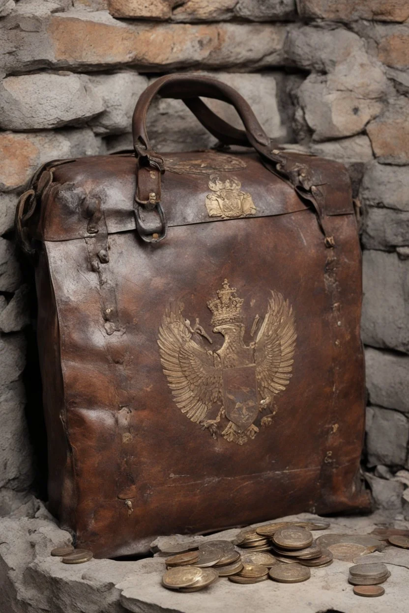 in the BASEMENT there is an old, broken brown oblong leather chest with short handles, from which gold coins from the time of Catherine the Great fall out. The ancient coat of arms of tsarist Russia, the double-headed eagle, is BARELY VISIBLE on the bag. There are a lot of broken bricks and earth around the bag. All in high quality 8K