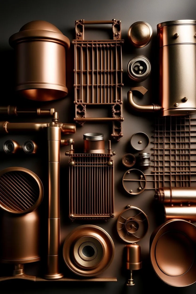 Please produce a photo of the parts of electrical appliances used in homes inspired by copper, which should be a fresh photo and for the cover of a poster. Please, it should be kitchen appliances.