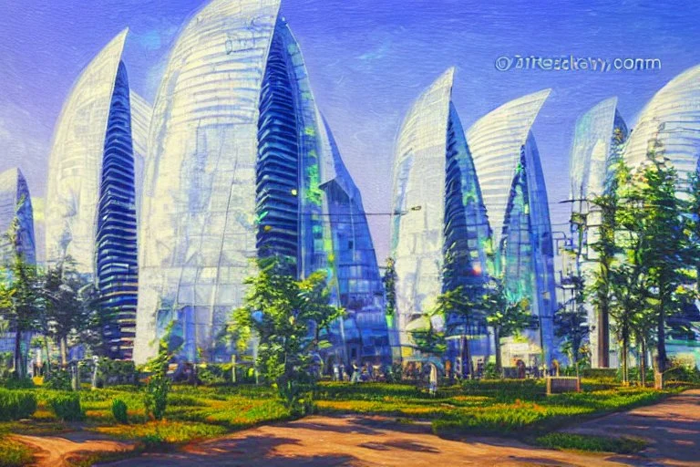 Sunny Day, futuristic buildings near the tree zone, sci-fi, realistic vision, impressionism painting