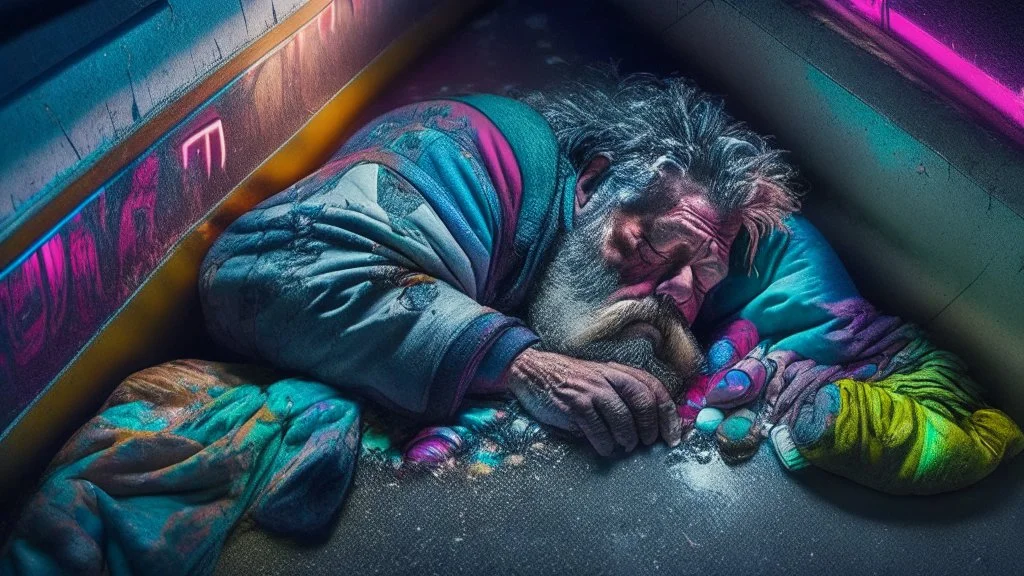 close up photography of a homeless beefy 52 years old, in broken pants and t-shirt, sleeps on the subway stairs, neon light , hyper-realistic, photorealistic, super detailed, view from above