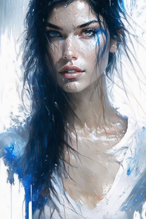 beautiful caucasian woman, age 23, wearing trendy wet white T-shirt, light black hair, Attractive posing, Full body, perfect detailed face, frame the head, blue-eye, glamour, wet skin, Wet hair, rain, hyperdetailed painting, luminism, art by Carne Griffiths and Wadim Kashin concept art, 8k resolution, fractal isometrics details bioluminescens , 3d render, octane render, intricately detailed , cinematic, trending on artstation Isometric gritty, realistic mucha, intricate, high definition,