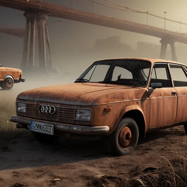 an Audi 80 rust 2-door overgrown by with dust ,ultra realistic,concept, 4k ,on street,8k resolution, high-quality, fine-detail, parked in crowded city winter