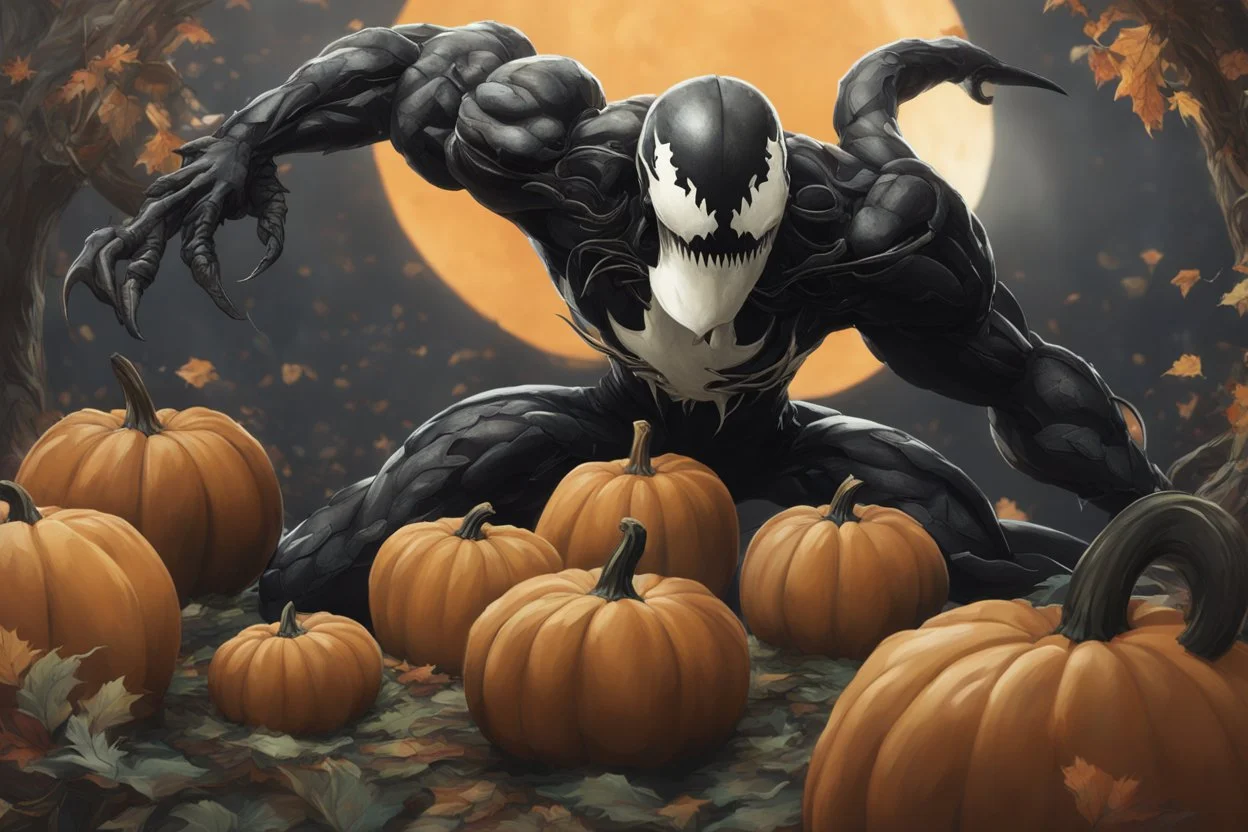 Venom pumpkin in nier automata artstyle, halloween them, winter, close picture, fantasy world, intricate details, highly detailed, high details, detailed portrait, masterpiece,ultra detailed, ultra quality