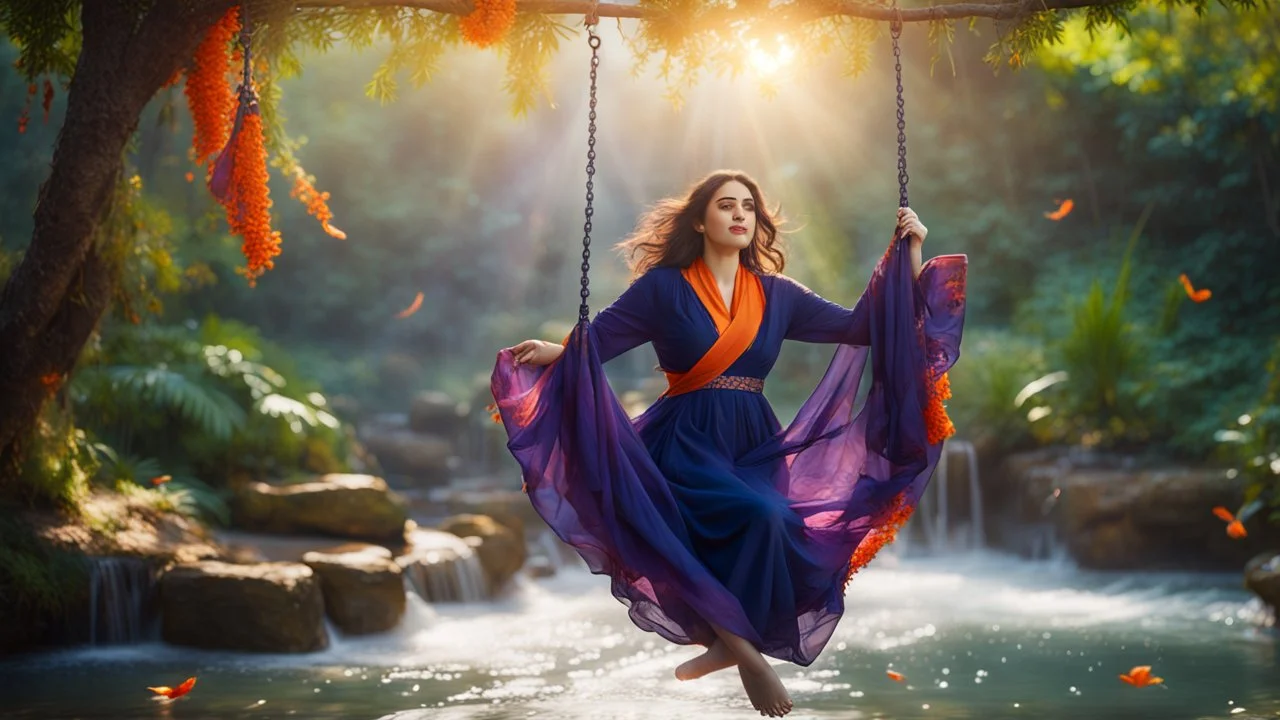 Hyper Realistic Photographic-Zoomed-View Of Young Beautiful Pashto Woman Wearing Navy-Blue-Dress-&-Purple-Shawl-With-Orange-Embroidery Happily Swinging on a Swing Above A Spring-Water inside a beautiful jungle with sun-rays showing dramatic & cinematic ambiance.