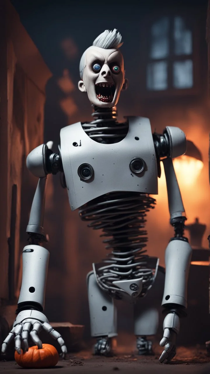 Generate a spine-chilling Halloween horror scene featuring a robot chicken as if it's a character from a terrifying movie, with eerie lighting and a haunting atmosphere , photo / ultra realistic."