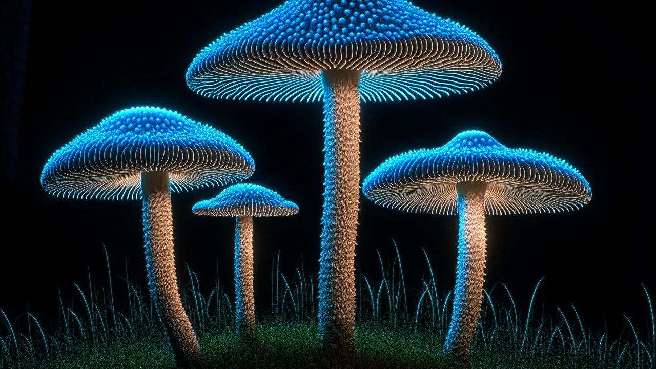 tall narrow delicate detailed mushrooms, with umbrella caps, phosphorescence glowing in the night