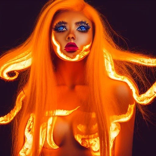 woman made of fire, fire angel, fire clothes, full body portrait, long flowing yellow hair, highly detailed, real life photo, photo quality, extremely detailed, highly detailed, 8K, crisp quality, looking at me