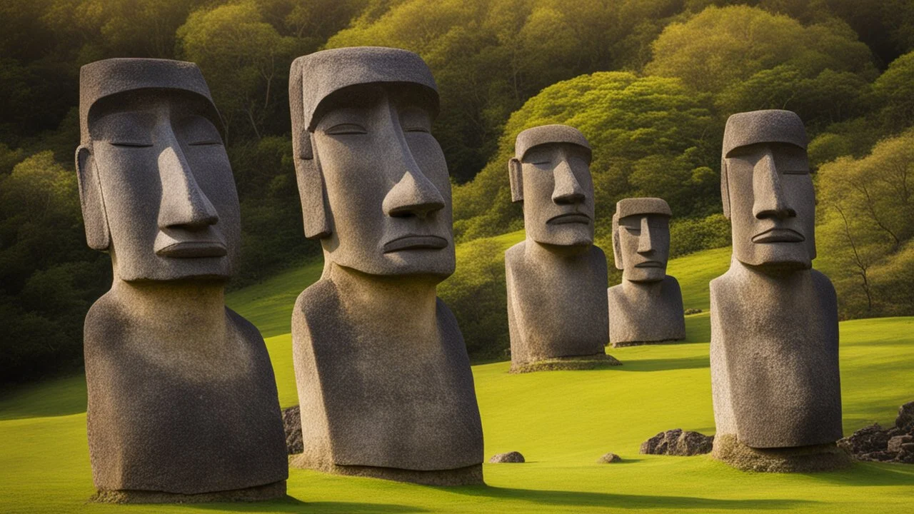 calm beauty, fantasy, magic, splendor, uplifting, inspiring, therapeutic, Easter Island stone statues with faces, springtime, sunlight, chiaroscuro, color, award-winning colour photograph, Nikon 135mm