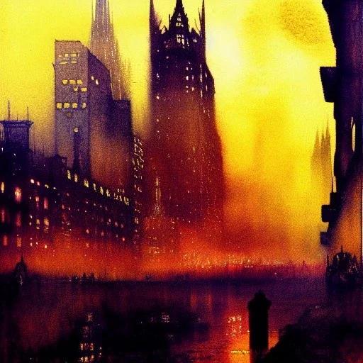 Metropolis Skyline , bright colours, watercolor, volumetric wool felting, macro photograph , by john atkinson Grimshaw, detailed painting,matte painting