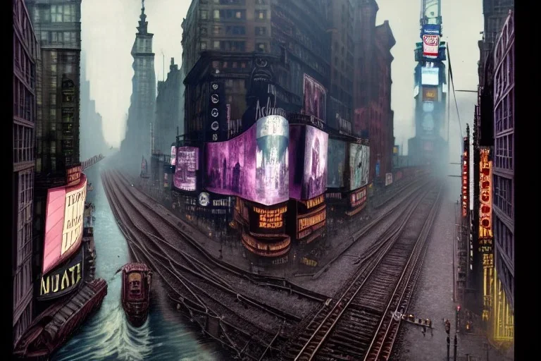 Times Square 1940+billboards +train+river+Gothic city+ BioShock+Dishonored+Bloodborne +trieste+Edinburgh+Chicago+victorian London+decòpunk Skyscraper+ +steampunk+biopunk+alphonse mucha, greg rutkowski, matte painting, cryengine, hyper detailed, felix kelly, fantasy art, seb mckinnon