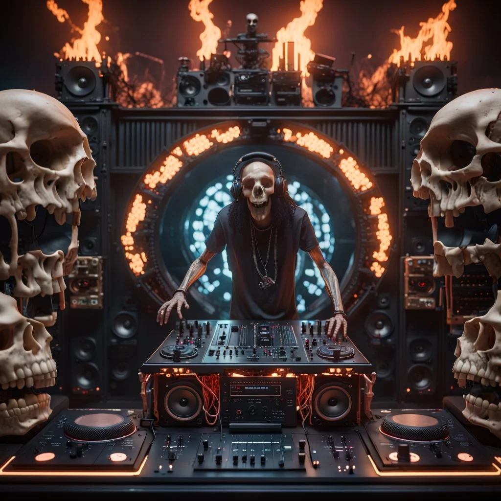 DJ Jazzy Jesus, insanely detailed DJ booth in hell, MID set, speakers and equipment made of bone, anatomically correct, add more skulls in th audience, photorealism, vray, 8k 3d