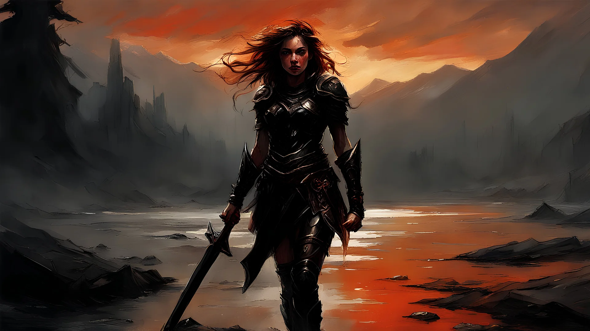 A formidable warrior girl in black armor, on the background Amazing gloomy landscape, flooded with sunset, mountains, trees, fabulous scary hero, , juicy emotions, painting, dark fantasy, gloomy day, dark world, portrait, by Alyssa Monks & Raymond Swanland & James Paick & Anna Razumovskaya