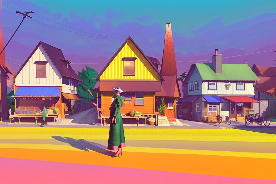whimsical arafed nonsense, patchwork vibe, acrylic and ink painting of a cozy village main street on undulating hills with color (((minimal))) sketches of village people with (((extremely long limbs))), (((oversize head))), sharp color contrasts, amazing shadows, (((exaggerated limbs and head))), minimal cozy, warm palette, bright bold warm summer colors, color leak, sparse bright orange-red splinters, heavily distorted views, amazing parallels, amazing reflections
