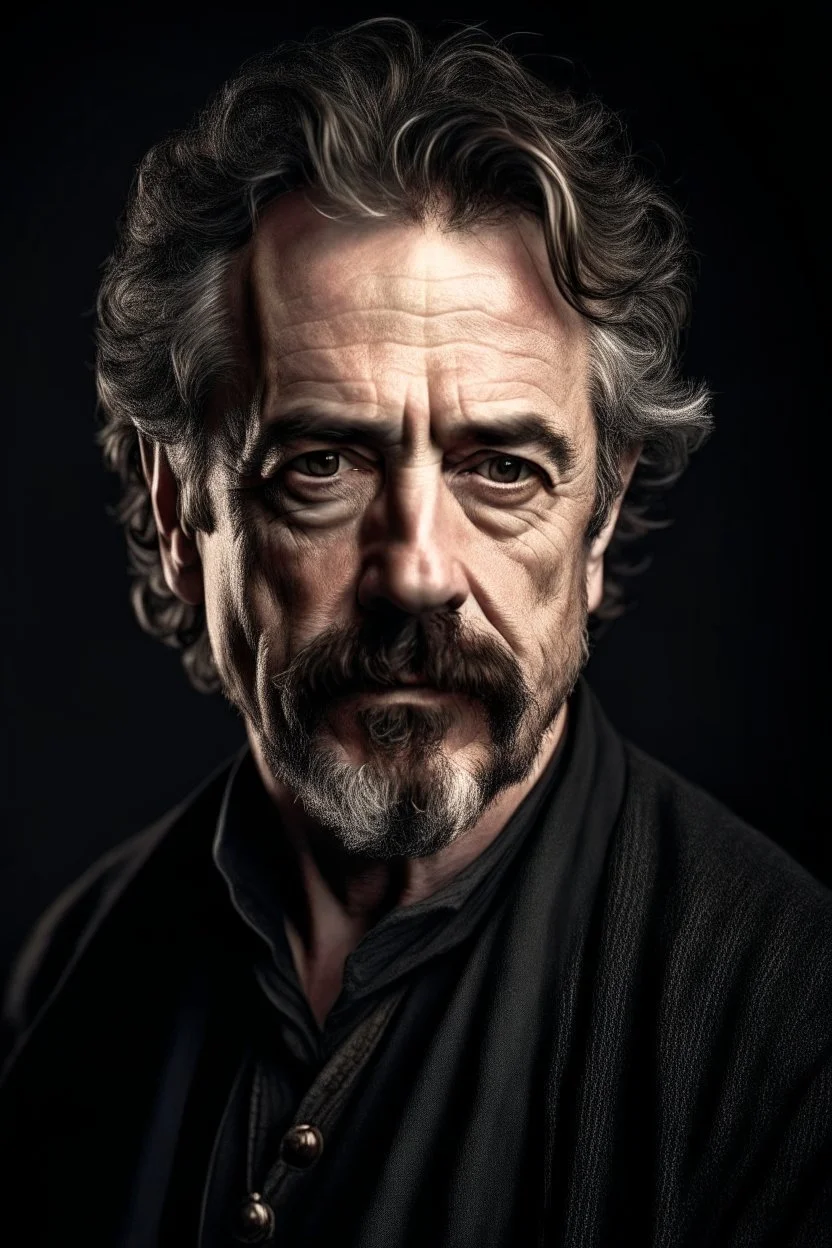 portrait of a man in his forty, dark goatee, salt and pepper hair, charming, similar to Robert Downey Junior, Caravaggio style