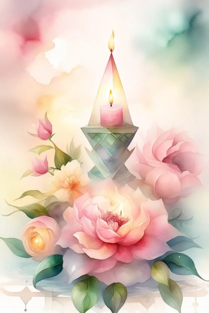 MAGIC A PYRAMID CANDLE IS BURNING AROUND WONDERFUL FLOWERS English watercolor, Smoky cream, pale gray, pale pink, pink background. bright light, a bouquet of roses on the table are pale pink, pale bordeaux, white, ochre. green stems, the light is translucent. Watercolor, fine ink drawing, peonies in an hourglass, elegant gold inlay, rich interior rose of the valley, leaves, nature, beautiful raindrops, beautiful fog, over a beautiful rainbow, fantasy, romantic dreamy mood, special attractions