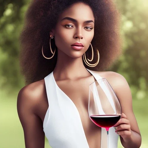 photo of a beautiful mixed race woman holding a bottle of wine, outdoors, photorealistic, ultra-detailed