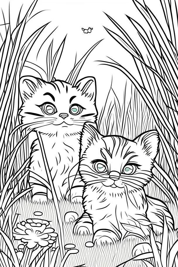 coloring page for kids, Cats in the grass, cartoon style, thick lines, low detail, no shading