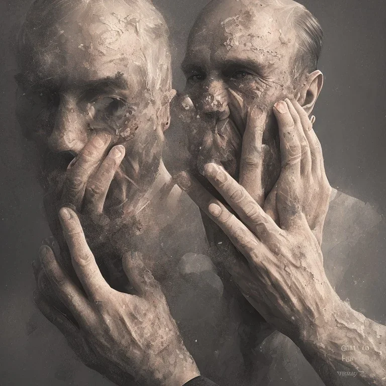 Extremely detailed portrait of a man covering his fading face with multiple hands growing out of his palms, digital painting.