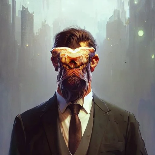 Ape in suit, 16D lighting, surreal fantasy art,16D detailed face head and shoulders portrait, 8k resolution concept art portrait by Greg Rutkowski, Artgerm, WLOP, Alphonse Mucha dynamic lighting hyperdetailed intricately detailed Splash art trending on Artstation triadic colors Unreal Engine 5 volumetric lighting