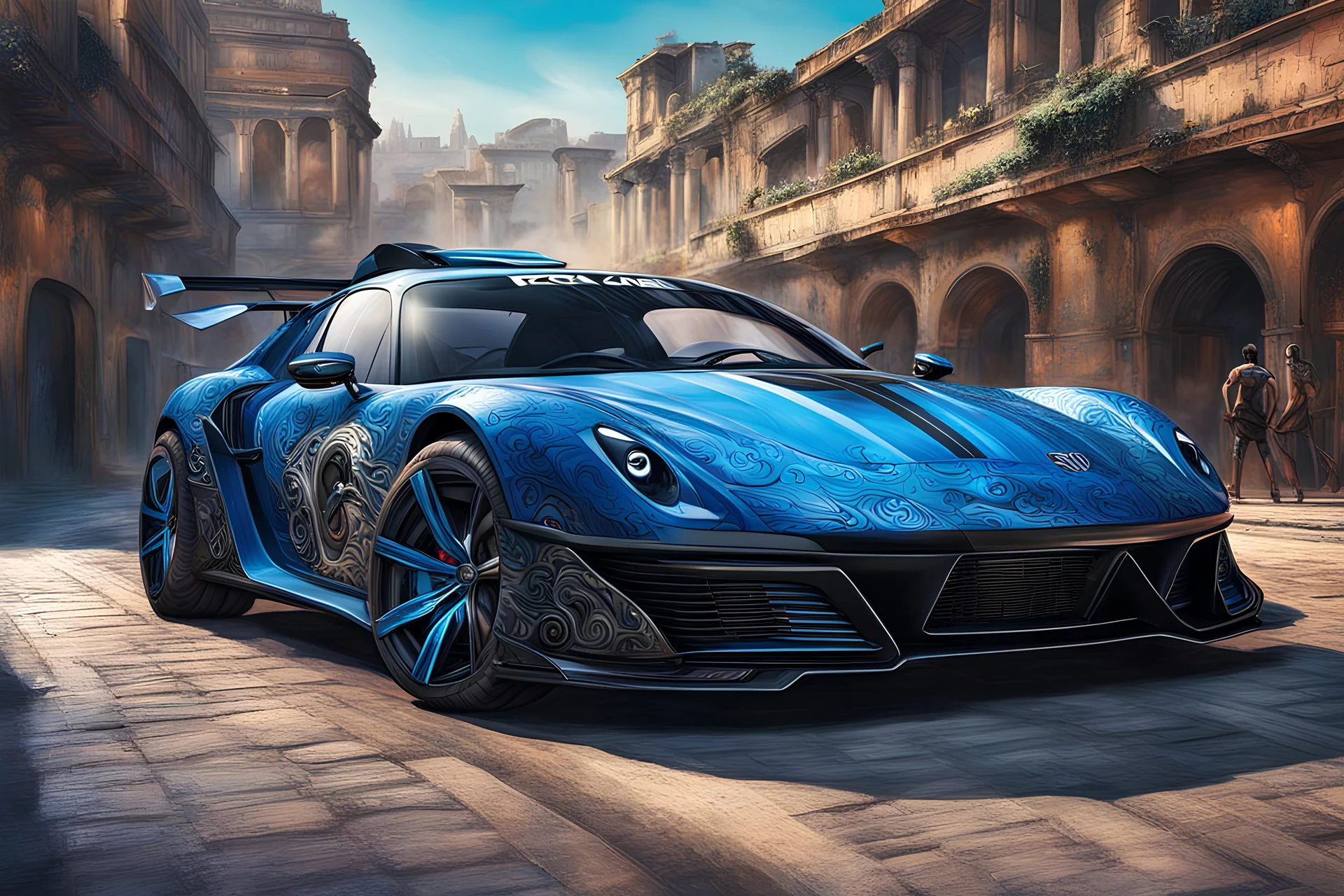 SUPER FUTURISTIC SPORT CAR, blue AND BLACK MATE PAINT AND DETAILS, 3/4 VIEW ANGLE, SHINNING detail of PAINT intricate detailed extremely epic athmospheric costume and ancient roman hyperrealistic background full body portrait art, EPIC STREET BACKGROUND, volks wagen INFLUENCED