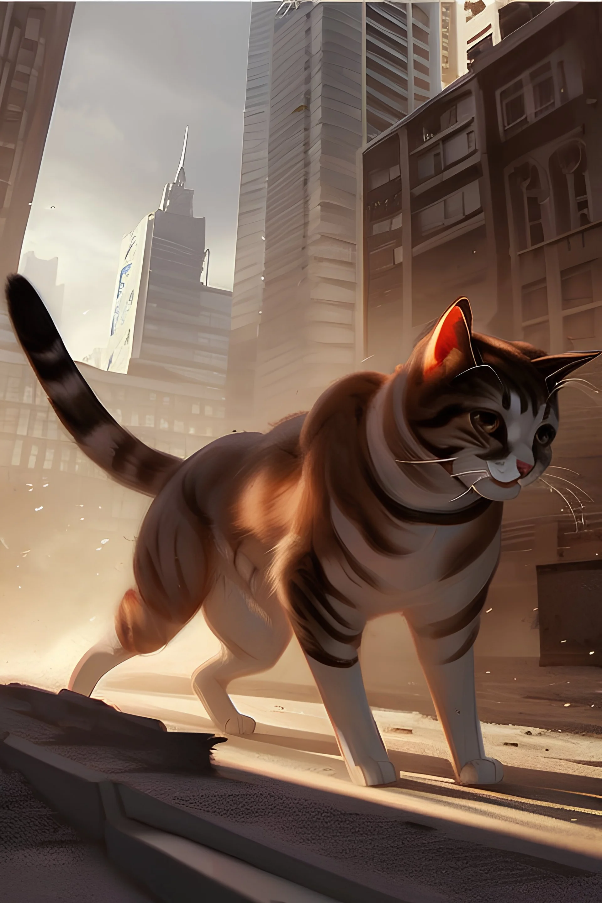 a giant cat walking in a city destroying buildings and playing with ships of the river, high quality, realistic