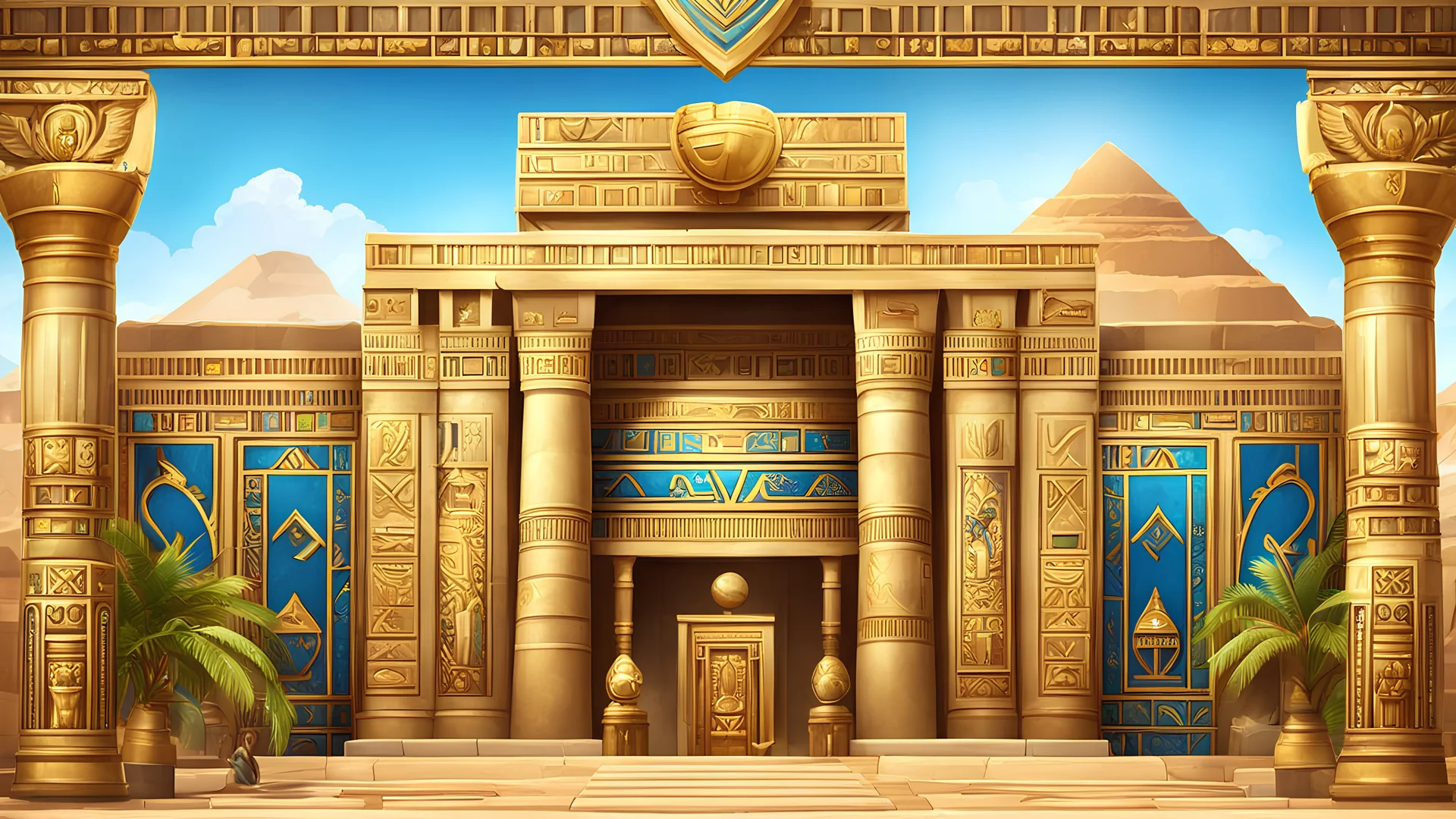 royal match style game asset, egyptian mobile game style,ancient egyptian palace, game main screen, wide angel