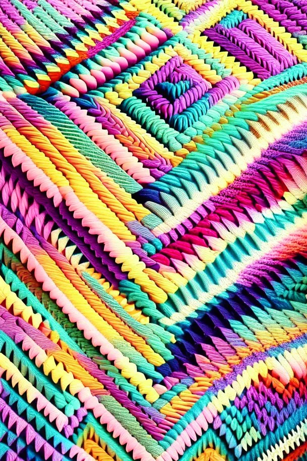 Day dawning skin crawling; insanely detailed zigzag quilt made of alternating colors of yarn; colorful; pastels