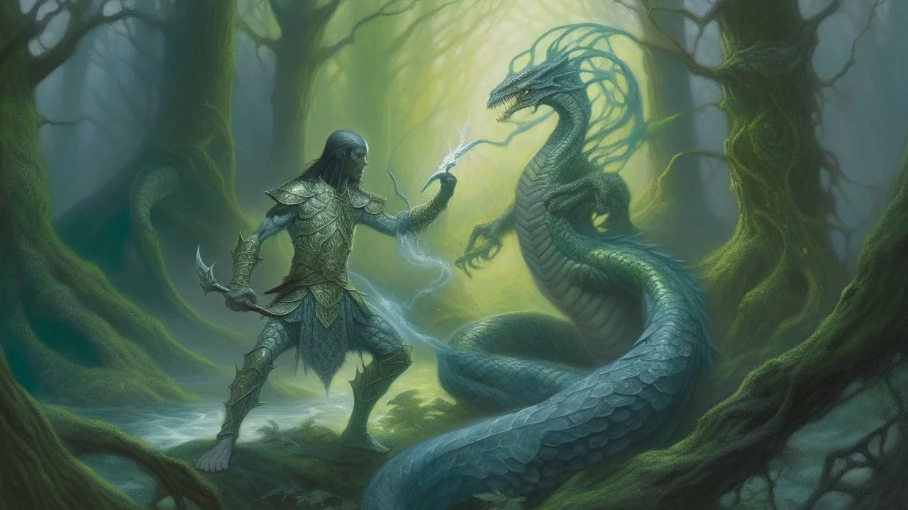 A surreal oil painting depicting Balder, the Norse god of light, wrapped in intricate bandages as he confronts a menacing basilisk in a dark, mystical forest. The basilisk's scales shimmer with iridescent colors, while Balder's eyes glow with determination. The scene is set against a backdrop of twisted trees and eerie mist, creating a sense of tension and magic.