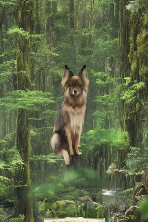 In the heart of a dense and enigmatic forest with towering ancient trees cloaked in emerald foliage stood a bewitching sorceress possessing an ethereal allure her lustrous hair cascading in ebony waves down to her slender waist that turns into roots In the background a faithful companion a majestic canine of Belgian shepherd lineage roamed at her side its eyes illuminated by an otherworldly crimson glow exuding an aura both mysterious and demonic