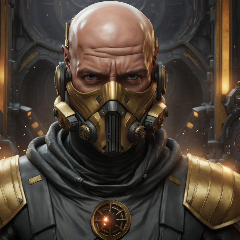 star wars bald male corellian pilot wearing pearlescent black and gunmetal grey First Order special forces heavy assault stealth commando armor and helmet with gold trim inside the jedi temple, hyperdetailed, dynamic lighting, hyperdetailed background, 8k resolution, volumetric lighting, light skin, fully symmetric details