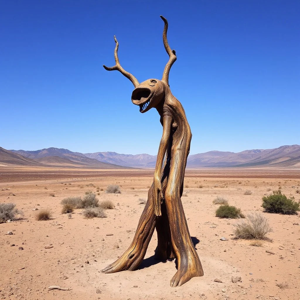 odd sculptures made of burnt wood in a wasteland