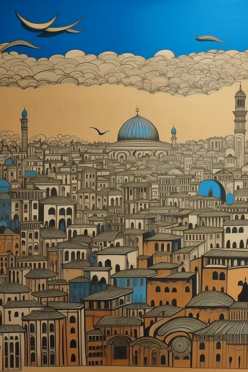 A grayish copper brown city with a coliseum in the sky designed in Indian Gond art painted by Andy Warhol