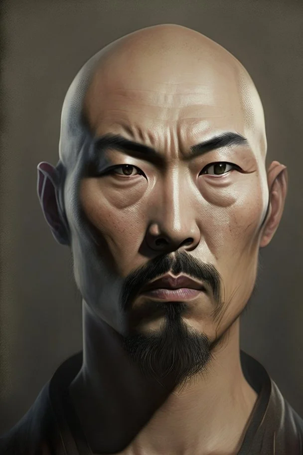 portrait of a man with Asian features, 30 years, sturdy build, quite bald, dark goatee
