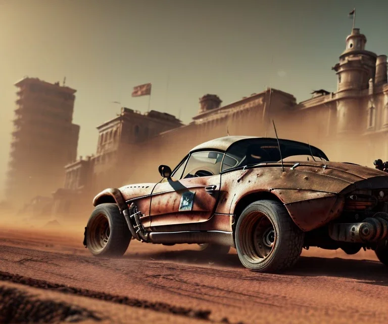 Mad max car. BMW z4. 4k resolution, intricate details, ornate details, soft lighting, vibrant colors, retroanime, futuristic cityscape background