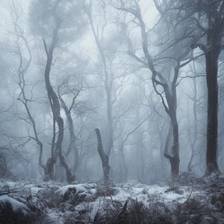 lost in the woods, winter landscape, ice field, crystals, surreal, dreamlike, foggy