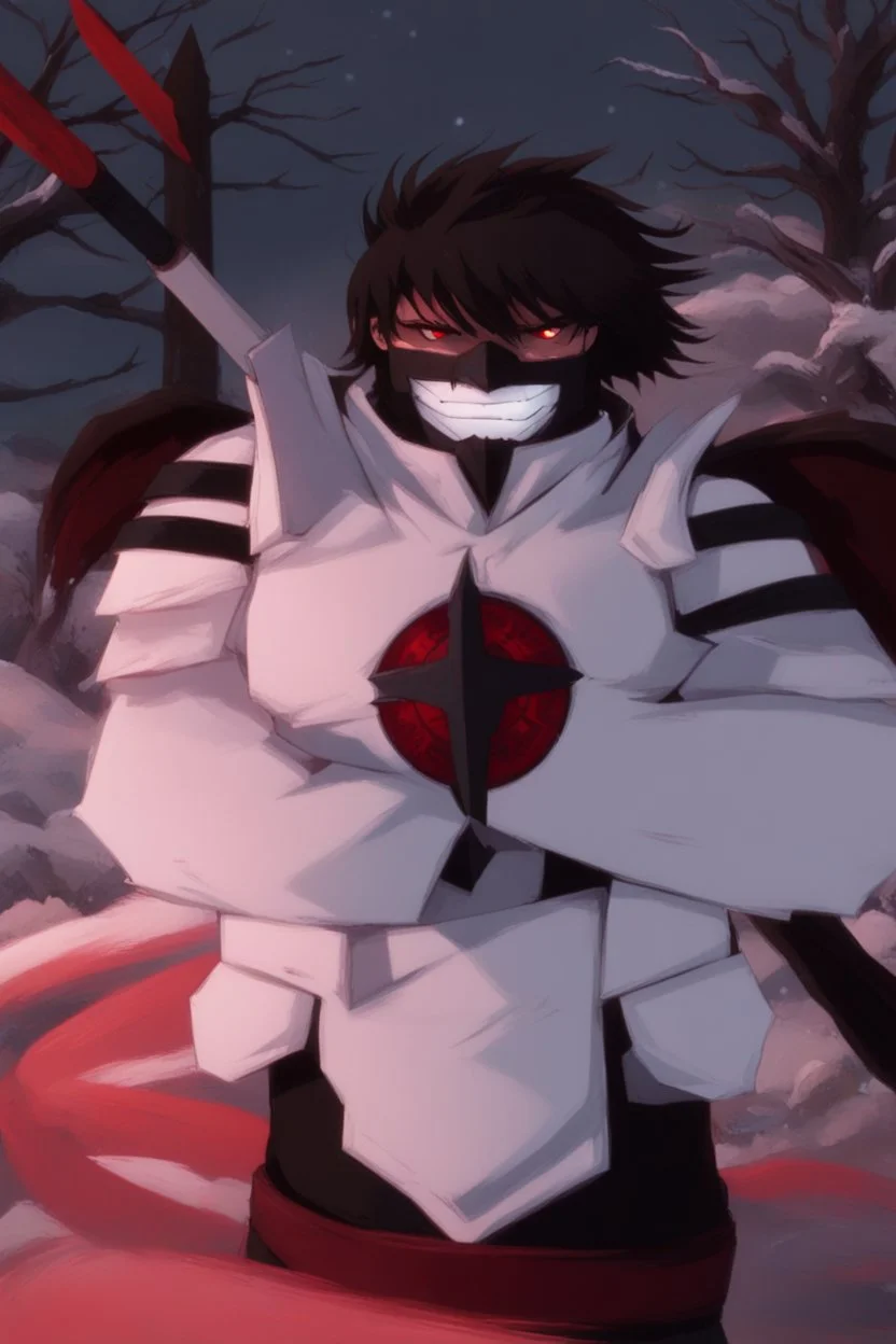 The character, in a striking white armour against a wintry backdrop stands with his arms behind his back inside the scene, he has a red and black circular symbol on his chest like a shield, a black pointed spear with a red handle on his back, His eyes are showing a dynamic expression and he wears a black oni with white sharp teeth on it covering the bottom part of his mouth he has brown shoulder pads and a white belt with a bag attached to it. He has dark brown hair, he does not wear a helmet.