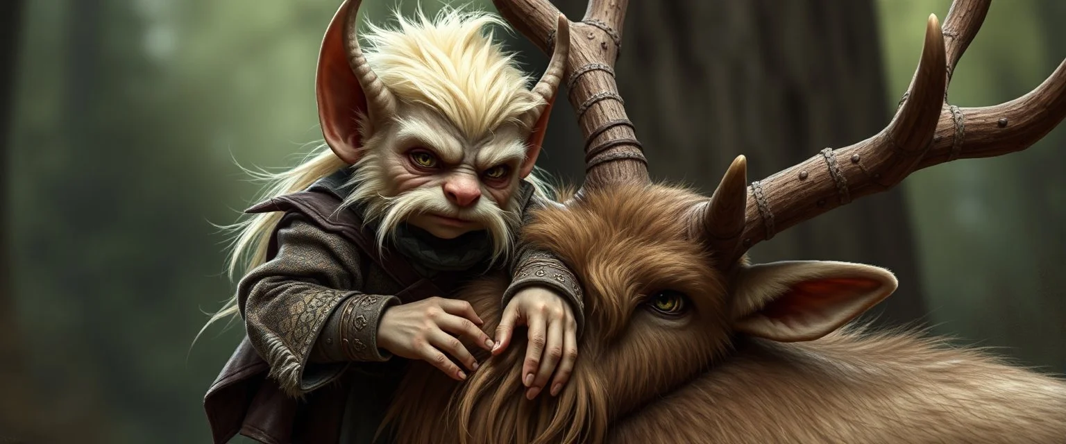 a blonde fluffy gnome quickling kobold gremlin that looks like the opposite of a vampire in bunad leaning on an elk, holding his horns
