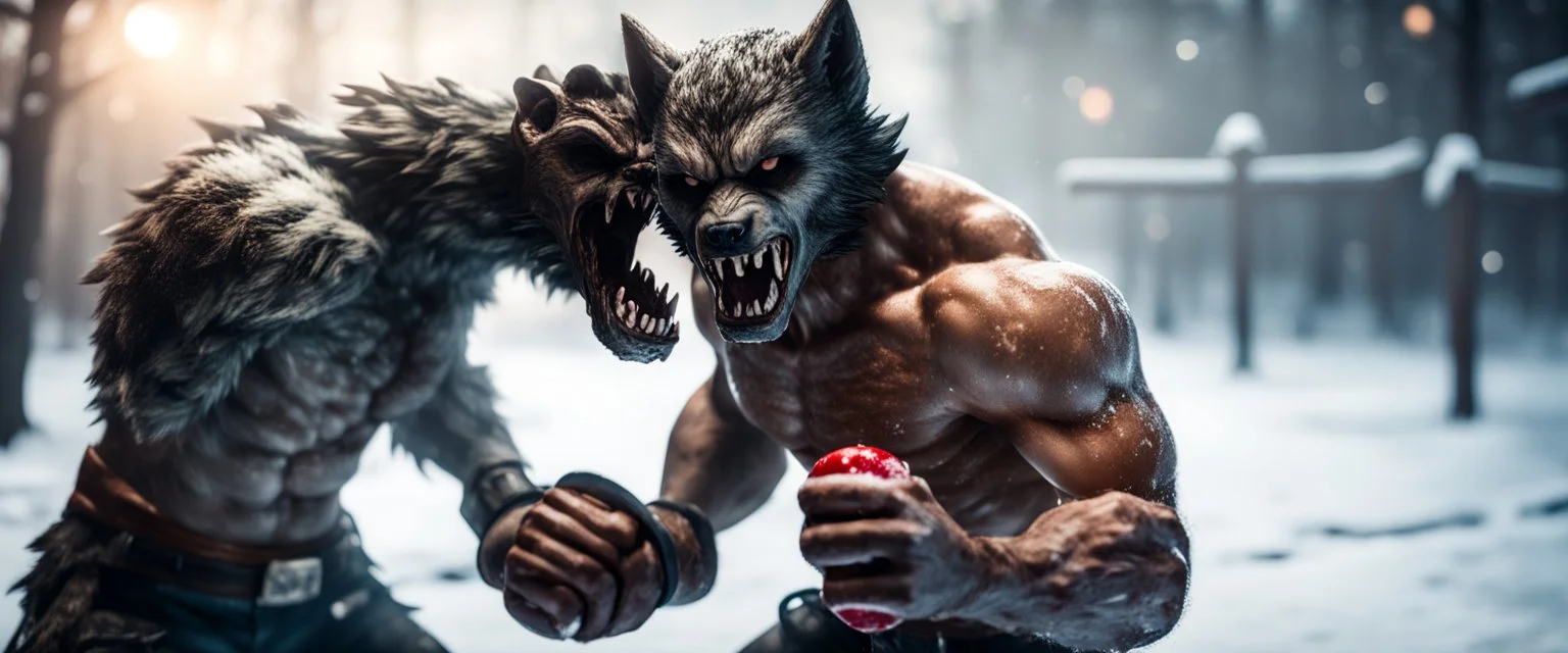 photo shoot of self aware werewolf boxing with shadow creature in ice cream and snow, in fallout 4 setting, bokeh, downlight, prize winning, depth of field, in the style of ivo caprino