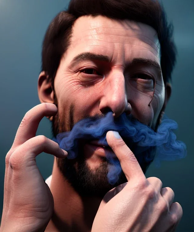 Realistic image, waist up view, a guy making the fuck you gesture with his hand, blue smoke coming out of his eyes, nose and mouth. Happy, smile, soft color, highly detailed, unreal engine 5, ray tracing, RTX, lumen lighting, ultra detail, volumetric lighting, 3d, finely drawn, high definition, high resolution.