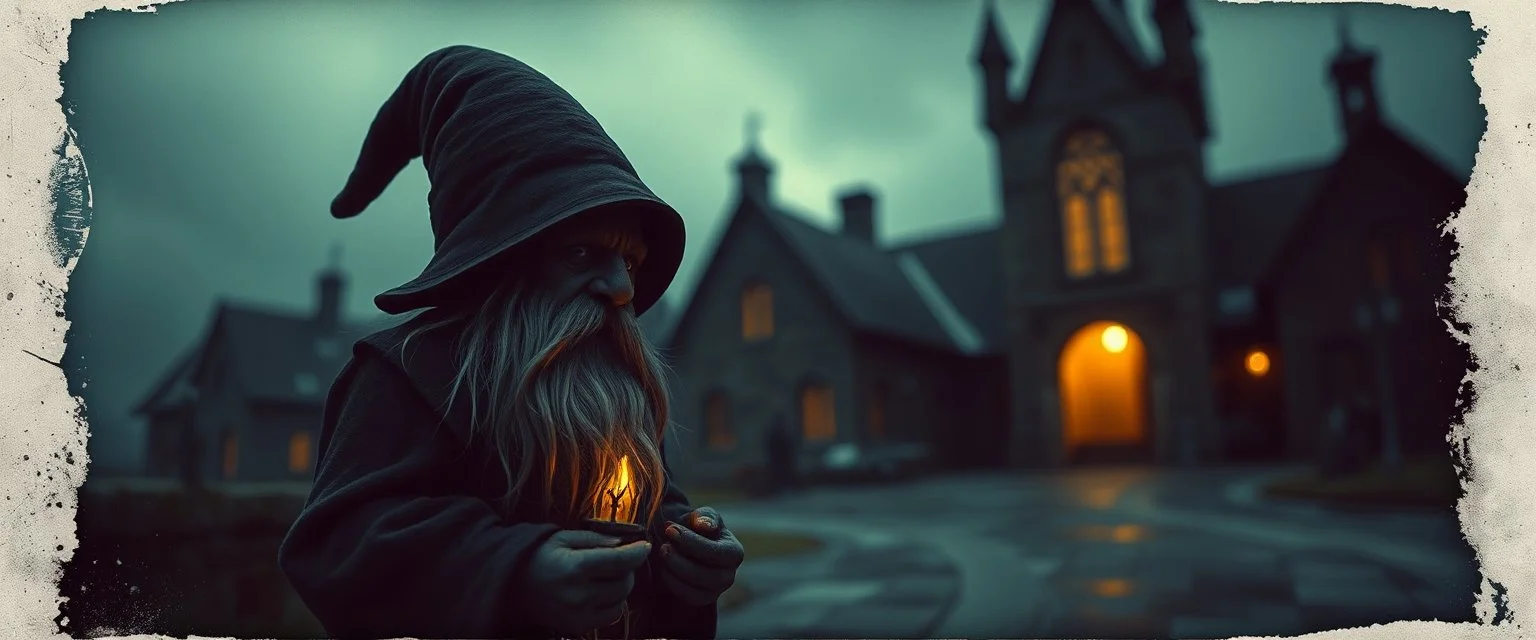 dark gnome , pinhole cam, airbrush 3d rendering, in the style of John Atkinson Grimshaw , torn edges on border