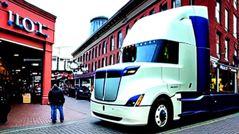 A Tesla semi-truck is parked, at the 'Pike Place Market', in Seattle. CINEMATIC. WIDE ANGLE LENS. PHOTO REAL.