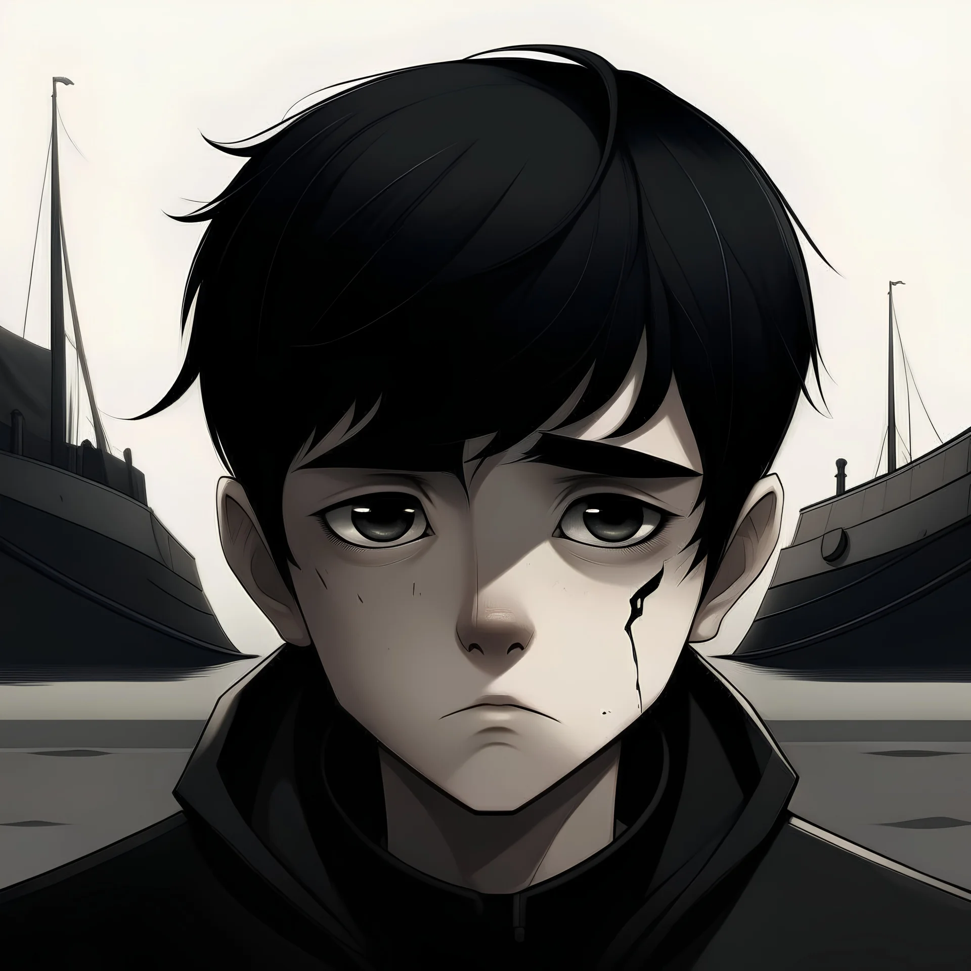 sad boy with black hair and black eyes and black ship