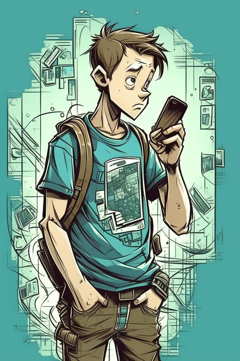 boy, , , , holding a cellphone, comic book art style, geek, engineer, t-shirt, jeans, drug addict, ,